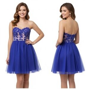 Jump Apparel Dress Juniors 3/4 Blue Fit & Flare Strapless Prom HOCO Glitter Lace